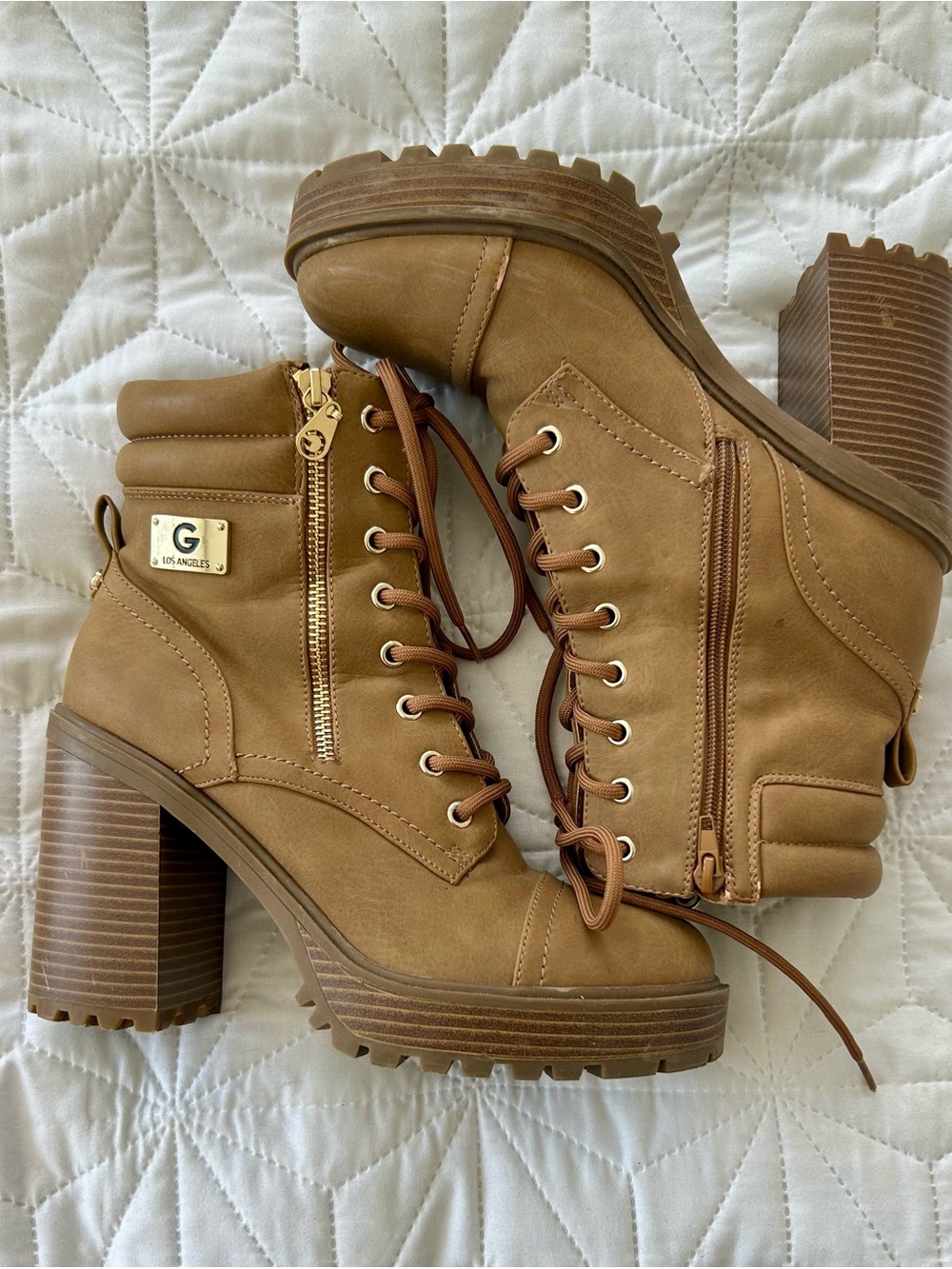 GBG Los Angeles Tan Lace-Up Block Heel Combat Boots